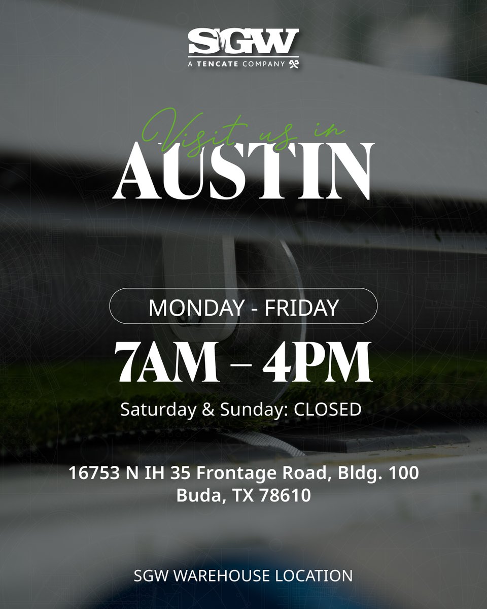 Central Texas turf pros — your go-to spot for premium synthetic grass + accessories is right here in Austin.

Stock up for installs or get expert guidance from our team. SGW Austin keeps your projects running smoothly.

📍16753 N IH 35 Frontage Rd, Bldg 100, Buda, TX 78610