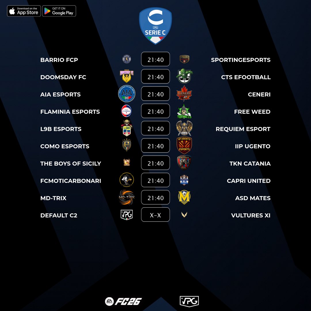 🇮🇹 <a href="/VPGItaly/">Virtual Pro Gaming Italy 🇮🇹</a> Serie C2
⚽️ Match #10
🗓️ 10/11/2025 – 21:40
🖥️ virtualprogaming.com/community/VPG-…

➡️ <a href="/BarrioFCP/">BARRIO FCP</a> 🆚 <a href="/SportingEsports/">SportingEsports</a>
➡️ <a href="/DoomsDayFC2016/">DoomsDay FC</a> 🆚 <a href="/_CTS_EFOOTBALL_/">CTS EFOOTBALL</a>
➡️ <a href="/AIA_eSports/">AIA eSports</a> 🆚 <a href="/ceneri_fc/">Ceneri FC Club</a>
➡️ <a href="/FlaminiaEsports/">Flaminia Esports</a> 🆚 <a href="/FreeWeedProClub/">Free Weed Fifa Pro Club</a>
➡️ <a href="/l9b_esports/">L9B ESPORTS</a> 🆚 <a href="/Requiem_proclub/">Requiem Esport Team</a>
➡️ <a href="/comoeasports/">Como esports</a>