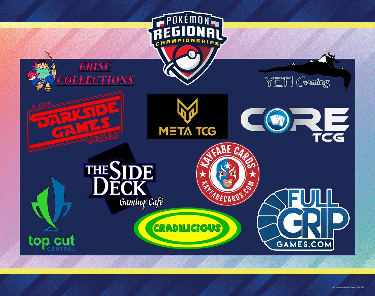 Hey Trainers! Here's our Merchants for The Las Vegas Regional Championships this week!  

Please give them a visit and see all the cool things they have available this week while you're there 😉

✨Full Grip Games

✨Ebisu Collectibles

✨Kayfabe Cards

✨DarkSide Games

✨Meta