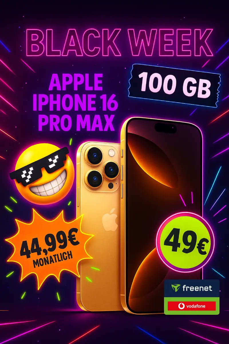 simdealz's tweet image. 🔥 #Apple #iPhone 16 Pro Max + 100GB nur 1,48€eff.

📱 256 GB Speicher 
📶 100 GB 5G #freenet #Vodafone 
👥 + 10 GB Zweitvertrag gratis 
💰 99€ Zuzahlung, 44,98€/Monat 
⚡ Nur noch 3 Tage!

👉 simdealz.de/iphone-16-pro-…