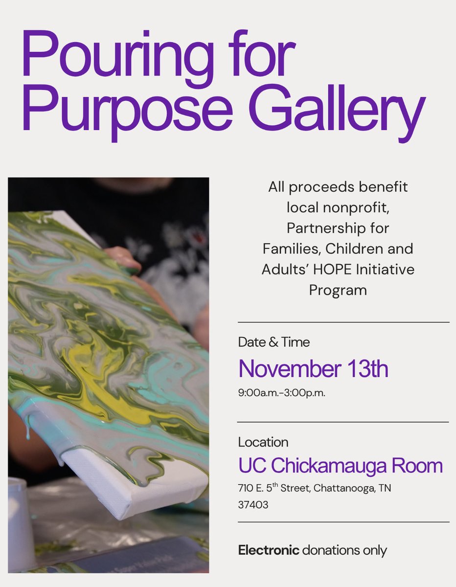 UTC_CJ's tweet image. Update - only electronic donations can be accepted! We are hosting the Pouring for Purpose Gallery once again this Fall on November 13th (this Thursday)!! 💙💛 If you are able, please come by and see us! 

@UTChattanooga