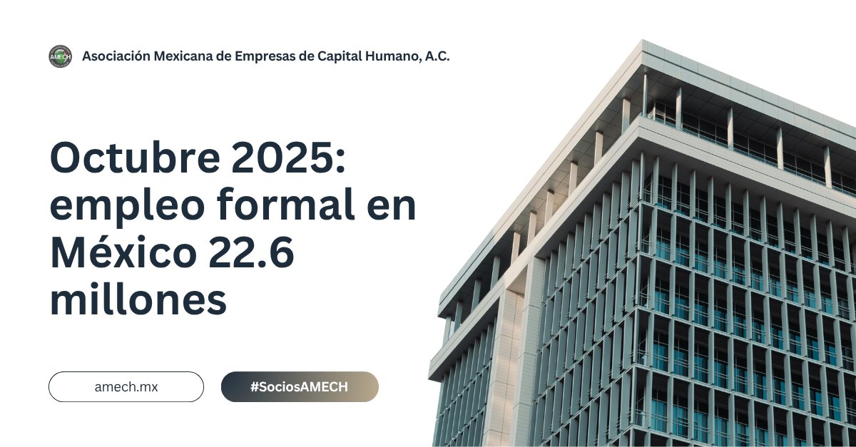 Octubre 2025: 22.6 m empleos formales en México.
198 k nuevos puestos en ese mes.
Construir formalidad es tarea continua.
#EmpleoFormal #DatosLaborales #AMECH