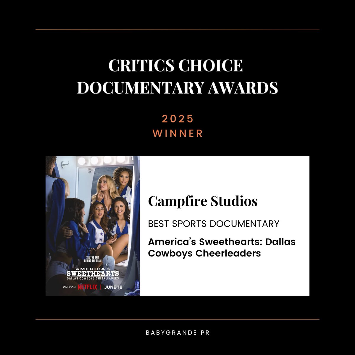 Congratulations to our client, Campfire Studios, on winning Best Sports Documentary at the Critic's Choice Documentary Awards! 

🏆 Stream America's Sweethearts: Dallas Cowboys Cheerleaders on <a href="/netflix/">Netflix</a>