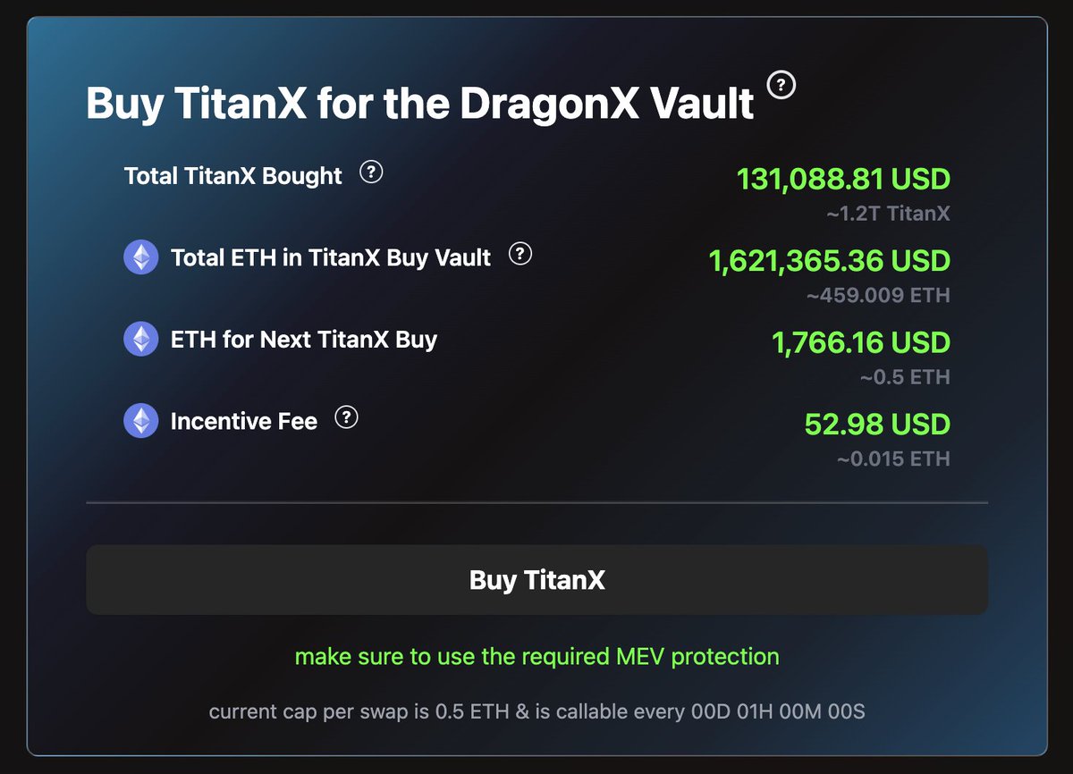 $DragonX buy and stake $TitanX is on.  

$1,620,000 in Ethereum buying $TitanX and forever locking up is happening as we speak.  

.5 ETH every hour.  

At this rate and price TRILLIONS of TitanX will be gone from the market.  

Around 14T to be exact if prices of TX and ETH
