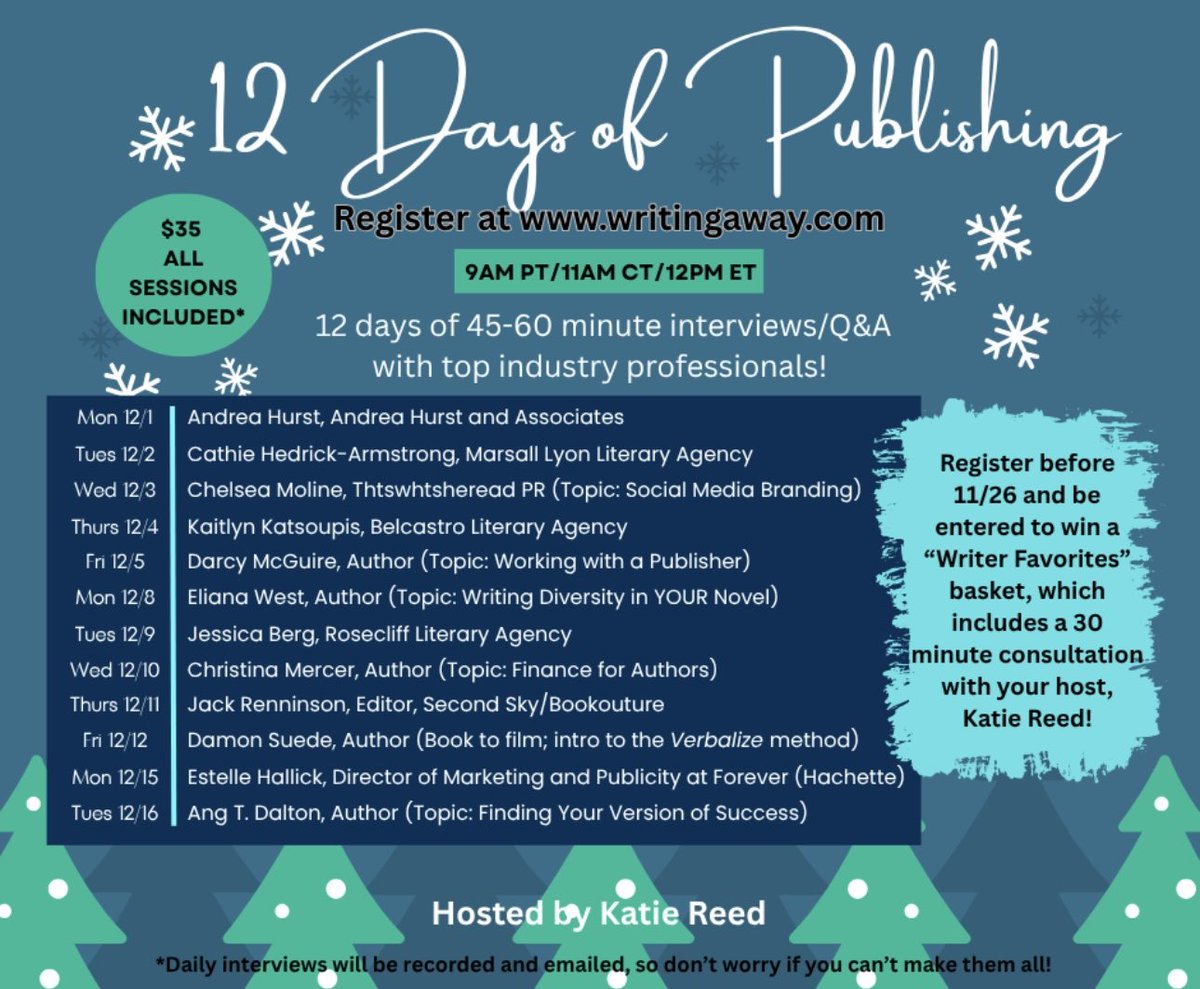 12 Days of Publishing hosted by Katie Reed of Katie Reed Literary! More info and registration link below:
#writingcommunity #writingawayrefuge #writer #amquerying #amwriting #writerslife #WritingMasterclass #ampitching

writingawayrefuge.com/about-4-2