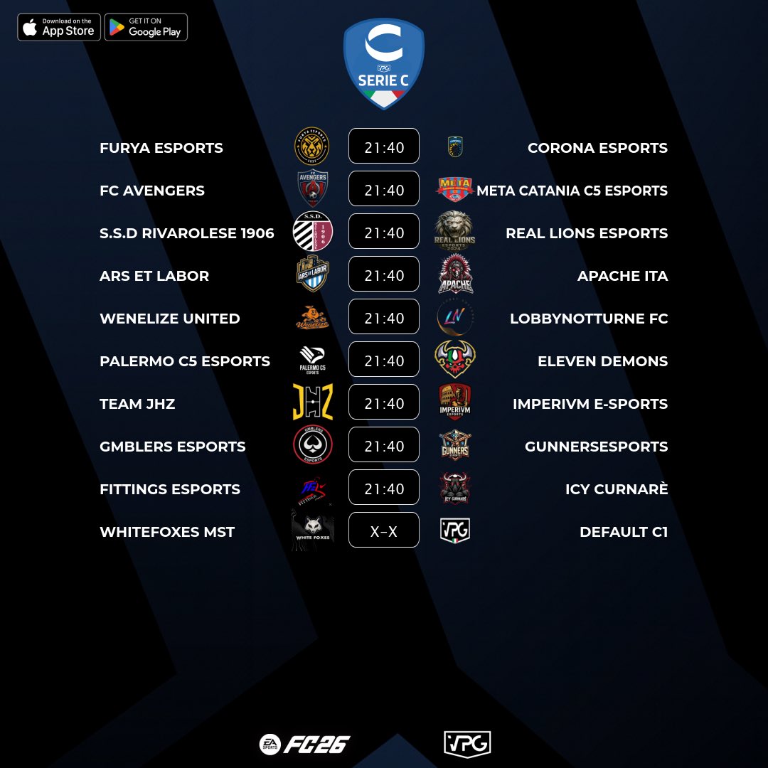 🇮🇹 <a href="/VPGItaly/">Virtual Pro Gaming Italy 🇮🇹</a> Serie C1
⚽️ Match #10
🗓️ 10/11/2025 – 22:40
🖥️ virtualprogaming.com/community/VPG-…

➡️ <a href="/FuryaeSports/">Furya eSports</a> 🆚 <a href="/CORONAESPORTS_/">Corona eSports</a>
➡️ <a href="/Fc_Avengers24/">FC_Avengers</a> 🆚 <a href="/etnaesports/">ETNA eSports</a>
➡️ <a href="/eRivarolese1906/">S.S.D Rivarolese1906 esports</a> 🆚 <a href="/RealLions_/">Real Lions⚽ 🏆</a>
➡️ <a href="/Ars_Et_Labor/">ArsEtLabor</a> 🆚 <a href="/APACHE_ESP/">Apache eSports</a>
➡️ <a href="/wenelizeunited/">Wenelize United</a> 🆚 <a href="/LobbynotturneFC/">LobbyNotturneFC</a>
➡️ <a href="/C5Palermoesp/">Palermo C5 eSports</a> 🆚