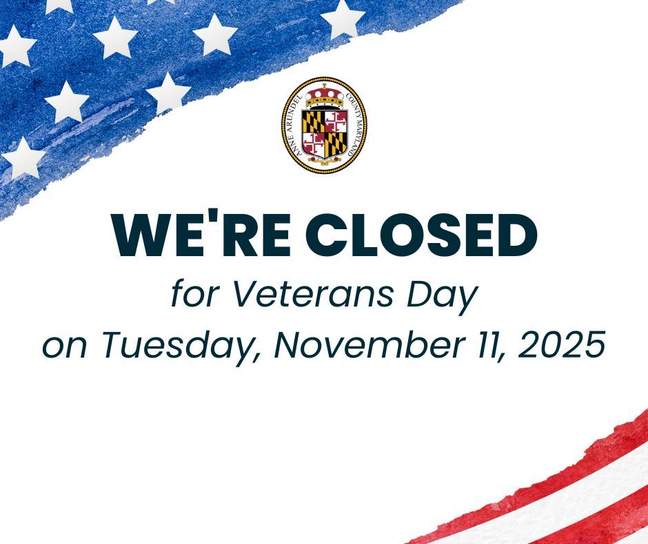 Reminder: All non-emergency Anne Arundel County offices will be closed tomorrow, November 11, in observance of Veterans Day. All offices will resume regular hours of operation on Wednesday, November 12, 2025. 

For more information, visit aacounty.org/county-operati….