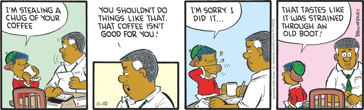 ComicsKingdom's tweet image. Everyone wants to try grown-up coffee… until they actually taste it. 😬☕ #Curtis #Familyhumor #Coffee