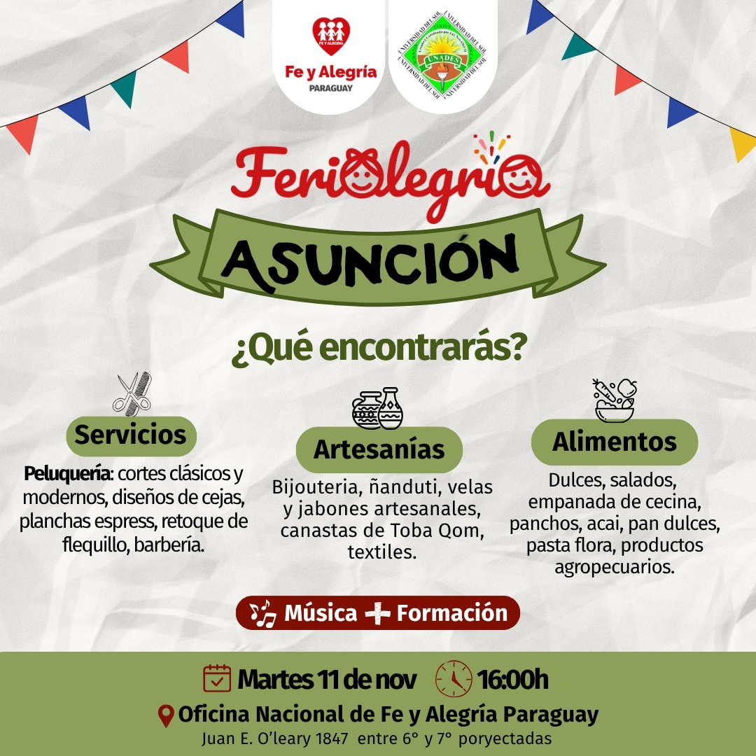 🥳 Llega la feria de emprendimientos este martes 11 de noviembre.
➡ En el marco del Día del Emprendedor/a  te invitamos a participar de la Feria &amp; formación (sobre "Investigación de mercado" y "Diseño de productos").
🕕 A partir de las 16:00 hs en la Oficina <a href="/fyaparaguay/">Fe y Alegría Paraguay</a>.