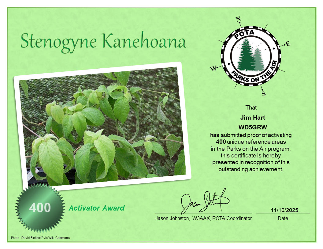 Logs from my quick Rove into LA have been uploaded... :)
POTA Parks 9 (3 included some satellite)
Satellite passes - 4 Linear, 4 FM
Contacts 219 (77 were Satellite)
EM31 EM32 EM22
and I have now Activated 400+ unique parks
Thanks and 73 - Jim