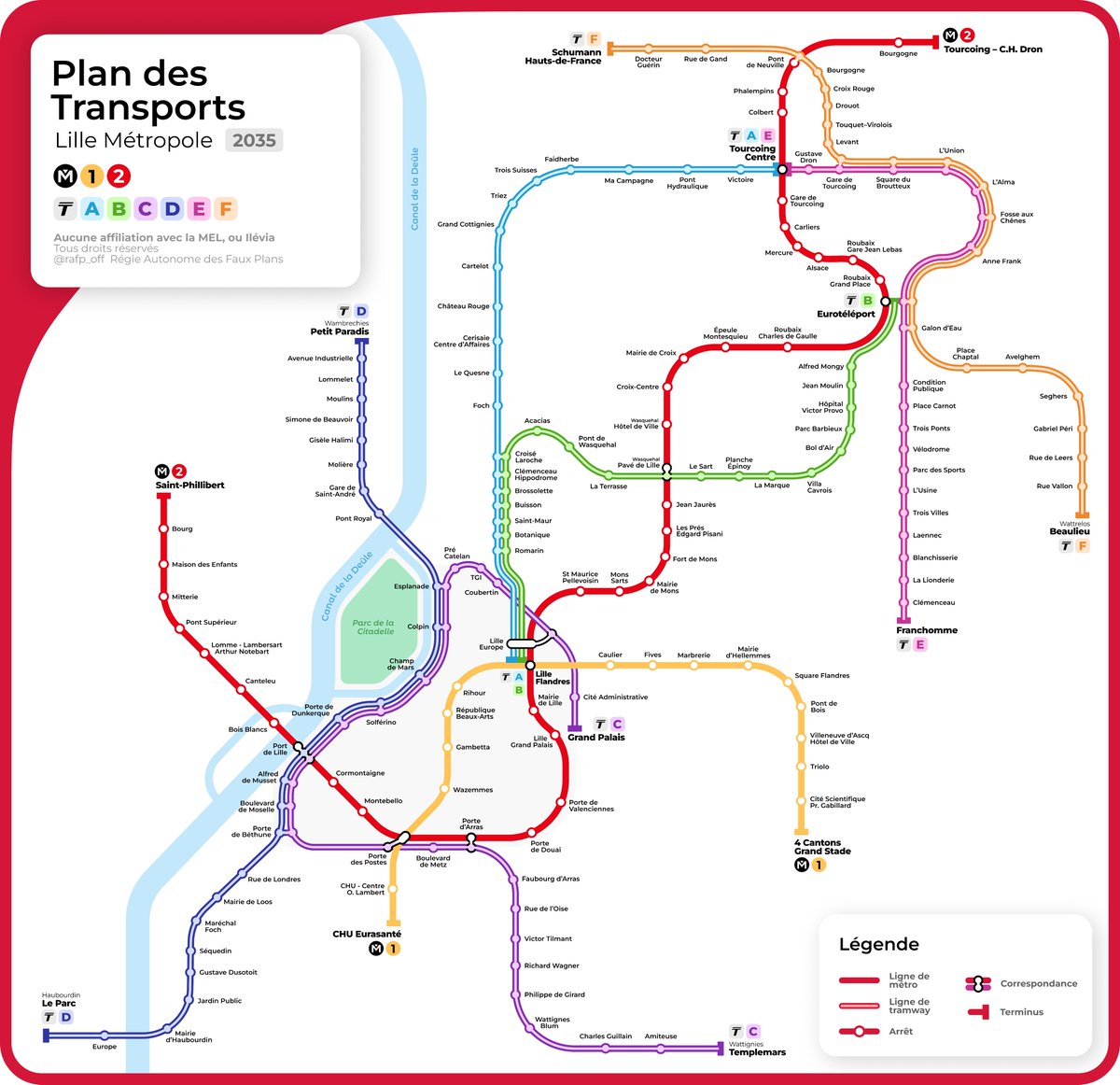 🔴 OFFICIEL

Voici à quoi ressembleraient les transports Lillois en 2035, avec le projet Extramoblie de <a href="/MetropoleLille/">Métropole Européenne de Lille</a> !

J'ai choisi de représenter le tracé prévu sous forme de 4 lignes, vous en pensez quoi ?

Une révolution pour cette ville !

#train #metro #tram #lille #rer