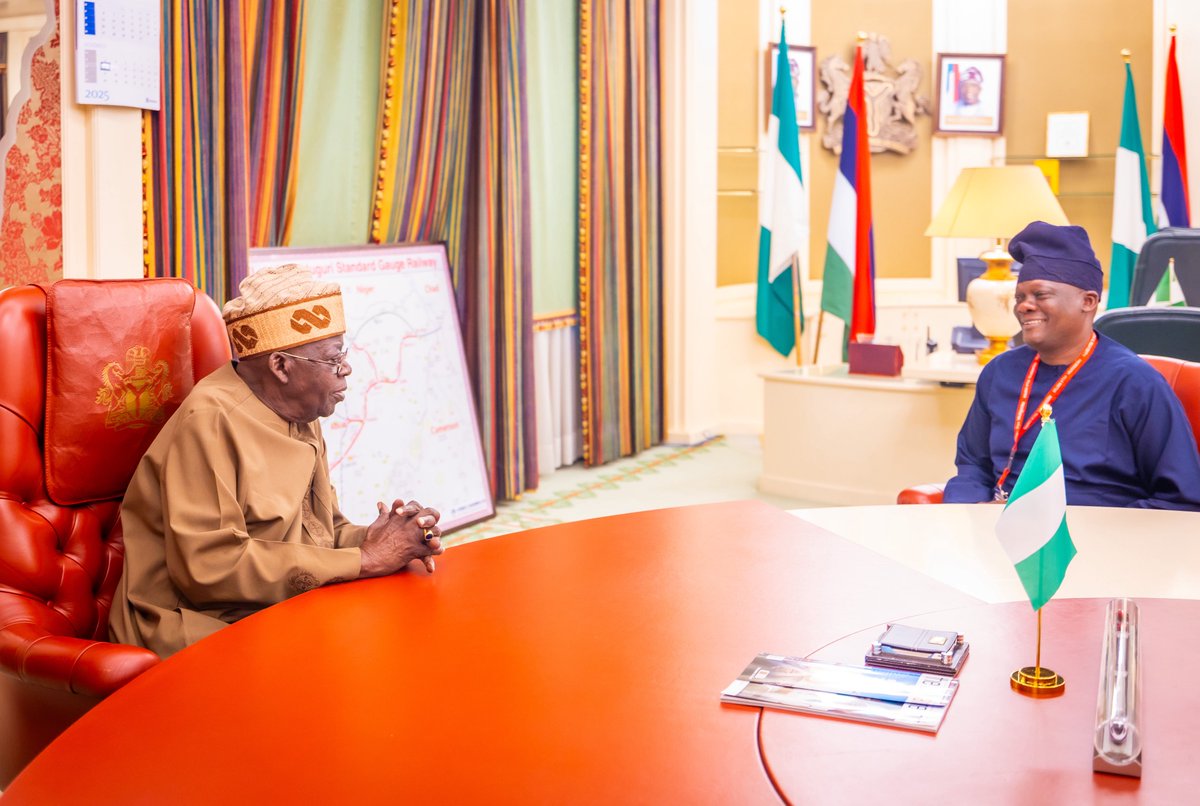 President Bola Ahmed Tinubu receives in audience, Senator Teslim Folarin. APC Guber Candidate in Oyo State in 2023.