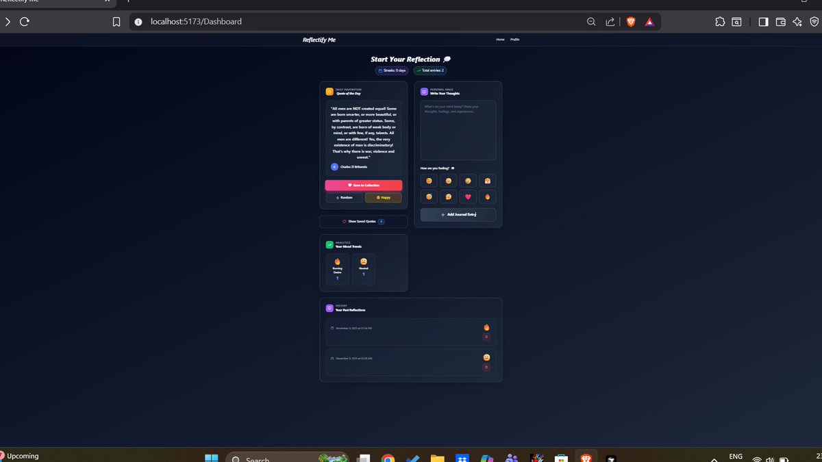 agniveshpandita's tweet image. Built the base Dashboard UI  of the motivational website :
*Integrated journal cards with different emojis 
* Quote widgets &amp;amp; responsive layout.

Next: profile system + dropdown menu, fixing the bugs and UI of the dashboard 
#mernstack #buildinpublic