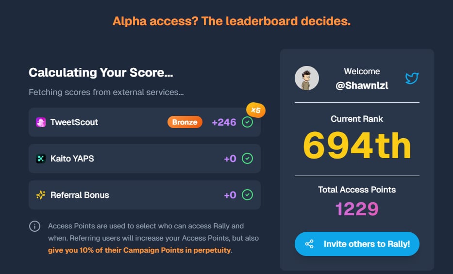 I just scored 1229.15 Access Points on Rally! 

Return to Info-Fi, keep learning and do my best.
I'm #694, not sure how long I could keep in top 1000.

Join me and earn rewards for your influence. waitlist.rally.fun/joinme/Shawnlzl