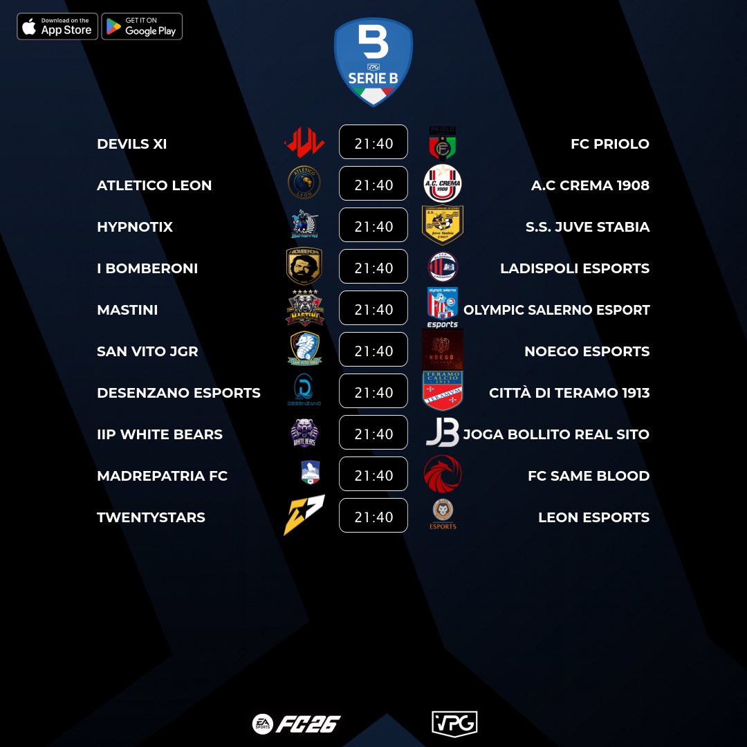 🇮🇹 <a href="/VPGItaly/">Virtual Pro Gaming Italy 🇮🇹</a> Serie B
⚽️ Match #10
🗓️ 10/11/2025 - 22:40
🖥️ virtualprogaming.com/community/VPG-…

➡️ <a href="/DevilsXI_/">DevilsXI😈</a> 🆚 <a href="/eFcPriolo/">eFC PRIOLO GARGALLO</a>
➡️ <a href="/Atletico_Leon/">Atletico Leon</a> 🆚 <a href="/ACCrema1908/">AC Crema 1908</a>
➡️ <a href="/Hypnotix_PS/">Hypnotix</a> 🆚 <a href="/ssjuvestabiaesp/">S.S. Juve Stabia eSports</a>
➡️ <a href="/IBomberoni/">I Bomberoni</a> 🆚 <a href="/22Galacticos/">Galacticos Ladispoli Esports</a>
➡️ <a href="/MastiniProClub/">MASTINI ProClub_EverGreen official MST</a> 🆚 <a href="/OlympicSaEsp/">Olympic Salerno eSports</a>
➡️ <a href="/SANVITOJGR/">SAN VITO JGR</a> 🆚