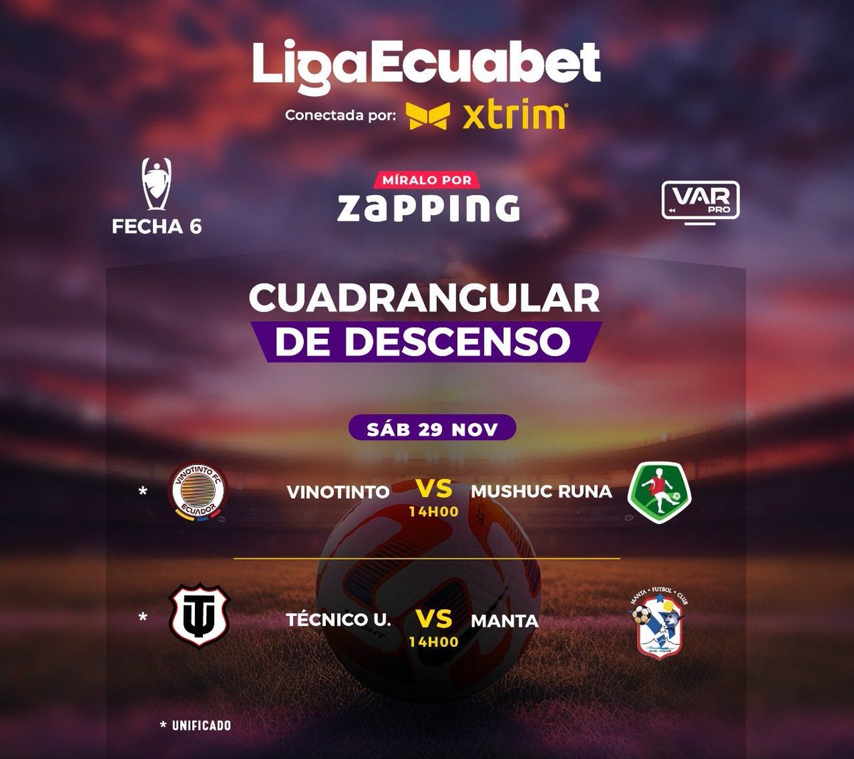 La permanencia se va a definir en los próximos sábados

Después de la paralización de Liga Pro por votaciones el sábado 23 de noviembre en horario unificado se juega la penúltima fecha y la última será el sábado 29 a las 14h00

Informa Retumba 100.9fm <a href="/ABCDeportivoEc/">ABC DEPORTIVO RADIO</a>