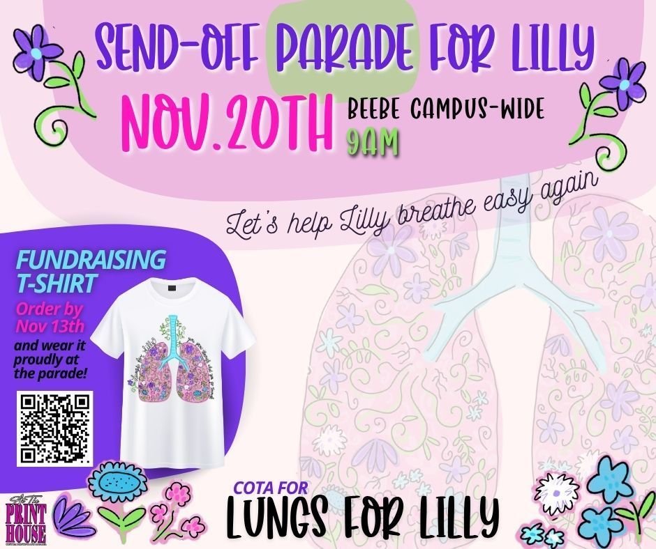 Join us in a Parade of Hope Nov. 20! 𝐎𝐫𝐝𝐞𝐫 𝐲𝐨𝐮𝐫 “𝐋𝐮𝐧𝐠𝐬 𝐟𝐨𝐫 𝐋𝐢𝐥𝐥𝐲” 𝐬𝐡𝐢𝐫𝐭𝐬 𝐛𝐲 𝐍𝐨𝐯𝐞𝐦𝐛𝐞𝐫 𝟏𝟑 𝐭𝐨 𝐡𝐚𝐯𝐞 𝐭𝐡𝐞𝐦 𝐟𝐨𝐫 𝐭𝐡𝐞 𝐩𝐚𝐫𝐚𝐝𝐞. Proceeds benefit COTA for Lungs for Lilly to assist with transplant-related expenses.