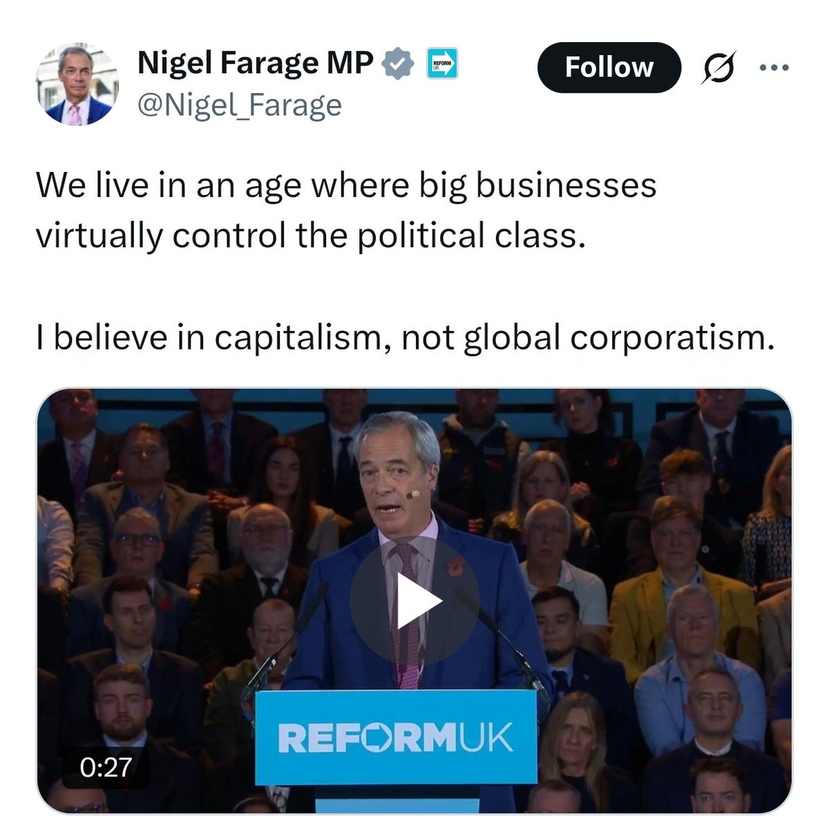 Nigel isn't wrong. Big business has bought politicians. 

Reform's biggest donors:

🛢️ Fossil fuel companies 

🤑 Financial services 

💰 The wealthy elite