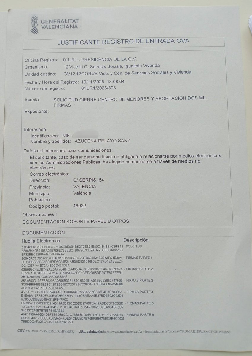 Hoy hemos presentado 2000 firmas de vecinos de la Malvarrosa solicitando el cierre del centro de menas del Hospital "Valencia al Mar", y que este se destine para lo que estaba previsto cuando lo compró la Generalitat en 2021; en un centro de día para personas con daño cerebral.