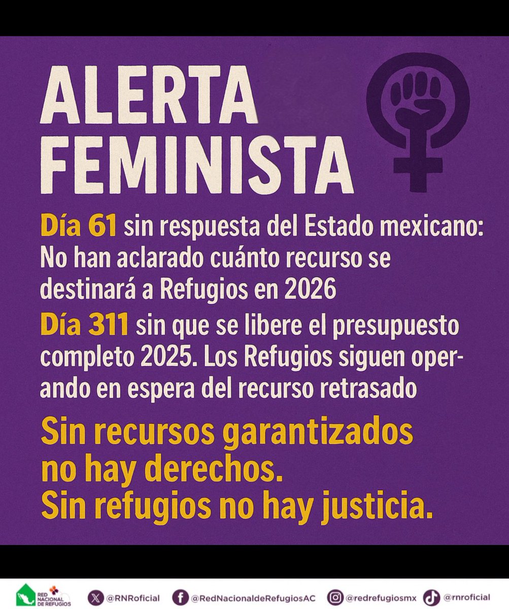 🚨ALERTA FEMINISTA

⚠️61 días sin respuesta sobre recursos para Refugios en 2026.
⚠️311 días sin liberar el total del presupuesto 2025.

📣La vida de mujeres, niñas y niños no puede esperar.

#RefugiosSalvanVidas #PresupuestoGarante2026 #Transparencia
#GarantiaDeDDHH💜✊