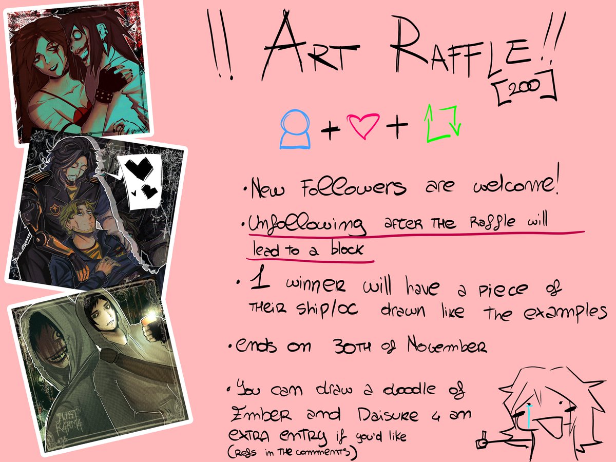 Daisukesflower's tweet image. ART RAFFLE 200 FOLLOWERS YAY

idk what to say, everything it&apos;s pretty much written there soooooooooo YEAH

you can submit a yumeship, an oc, a platonic relationship ecc (as long as is not problematic)

#artraffle