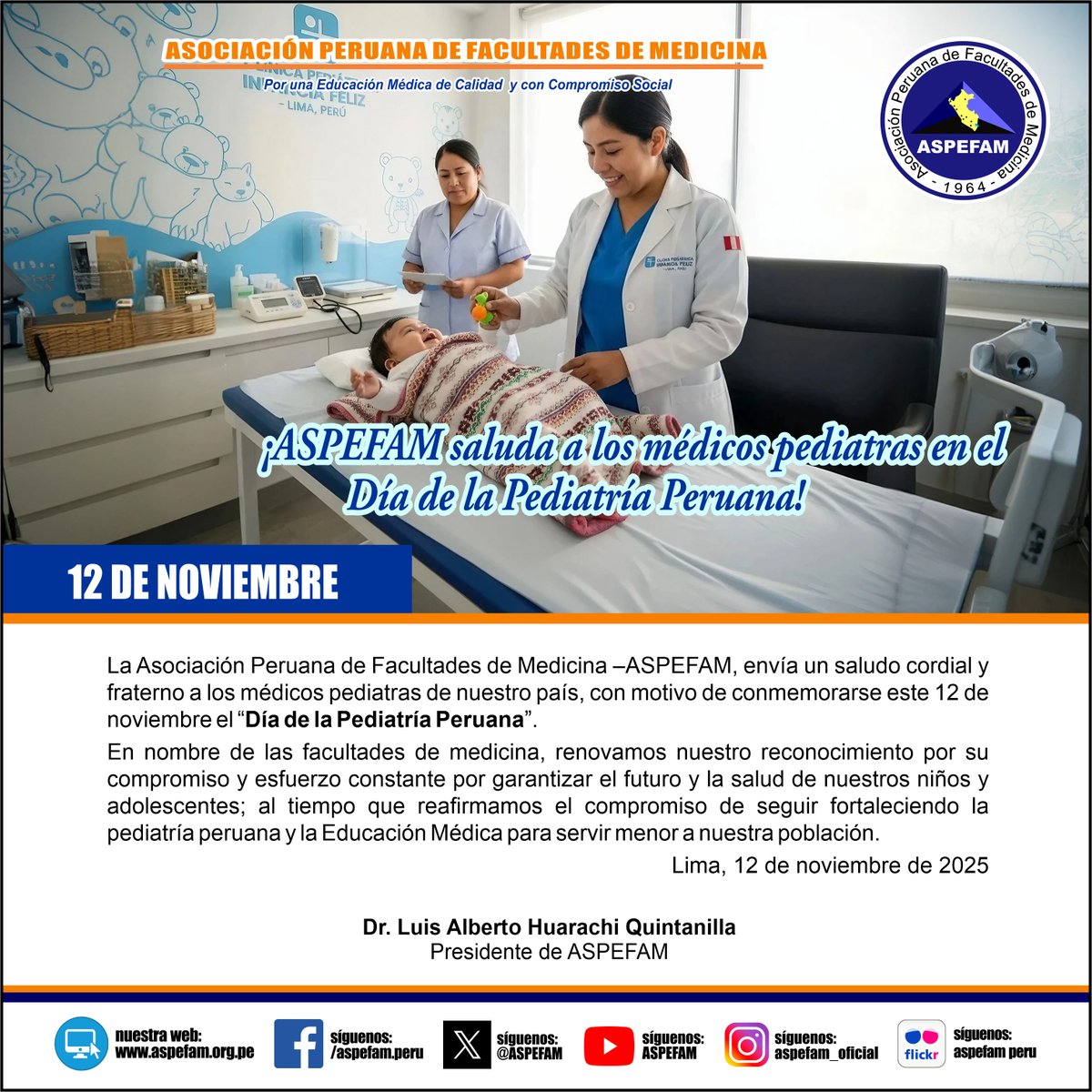 ✅ ¡ASPEFAM saluda a los médicos pediatras en el Día de la Pediatría Peruana!
➡️ Ver saludo: goo.su/PHSfX27
➡️ Noticias: aspefam.org.pe/prensa.htm
#AspefamPeru #EducacionMedica