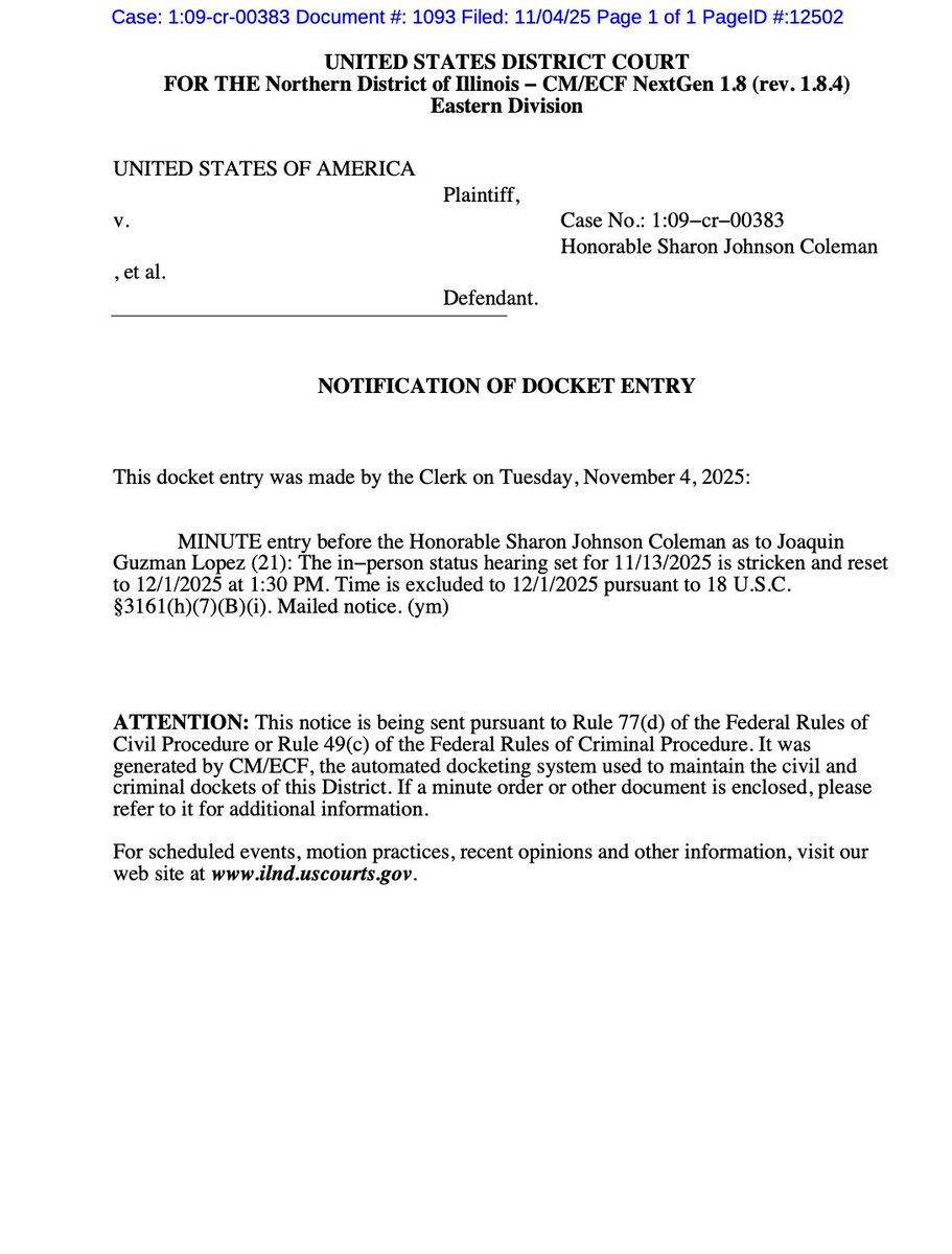 Audiencia de Joaquín Guzmán López se aplaza nuevamente al 1 de diciembre

La jueza federal Sharon Johnson Coleman aplazó este lunes, por cuarta vez, la comparecencia presencial de Joaquín Guzmán López, “El Güero”, reprogramándola del 13 de noviembre al 1 de diciembre.

Fuentes