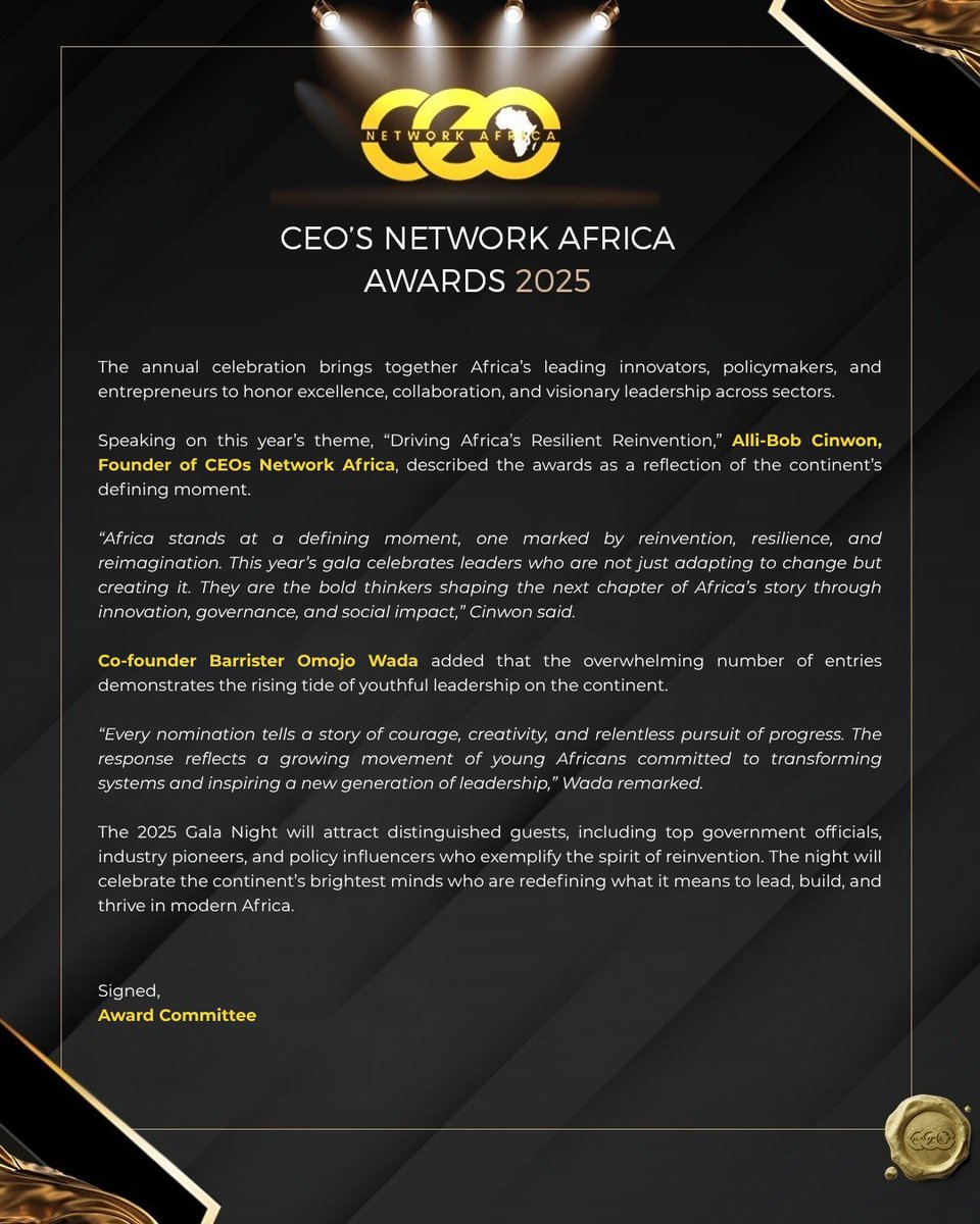 CEOs Network Africa Announces 2025 Gala Night, Unveils 140 Exceptional Finalists from Over 15,000 Nominations