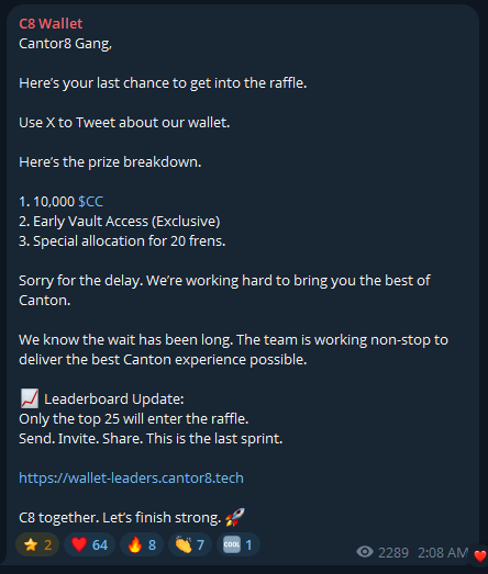 cryptomadn3s's tweet photo. C8 fam, it’s go time! ⏳

Final push for the @C8Wallet raffle !!!
💰 10,000 $CC
🔓 Early Vault Access
👥 Special allocation for 20 friens. 

Show some love. Tweet, share, and climb up!
Great Promotion @C8Wallet by @cantor8 🫰
https://t.co/toH5fbEKUu https://t.co/OlBYsfFK6f