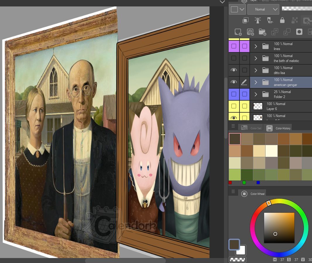 calendork's tweet photo. This next one is for the art history fans 😉#wip
#pokemon #pokemonfanart #workinprogress #artworkinprogress #monalisa #ditto #americangothic #thebirthofvenus #milotic #castform #gengar #clefairy https://t.co/4h7qSlEZg2