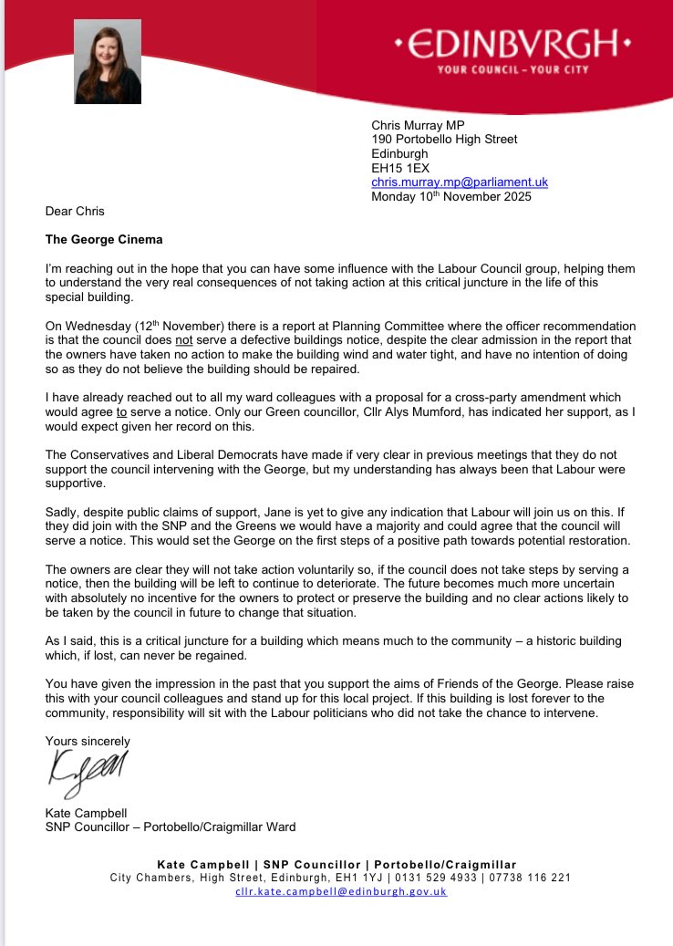 On Wednesday Planning Committee will decide whether the owners of the George Cinema will have to keep it wind and water tight. 

Council officers are recommending do nothing.

I’ve got an amendment to act.

I’ve written to our Labour MP &amp; Labour Cllr asking for their support. 🤞