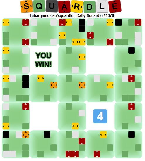 Wordle 1,605 4/6
nerdlegame 1391 4/6
Dungleon 1374 4/6💠
Squardle 1376 4 Guesses Remaining
