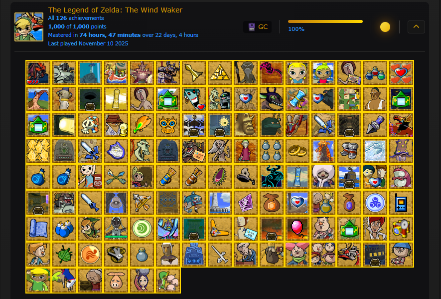 Btw on my own time I got all of the achievements for The Legend of Zelda Wind Waker yesterday

tbh I don't think there was a single achievement that was super difficult which was nice

#Zelda #WindWaker #retroachievements #RetroGame