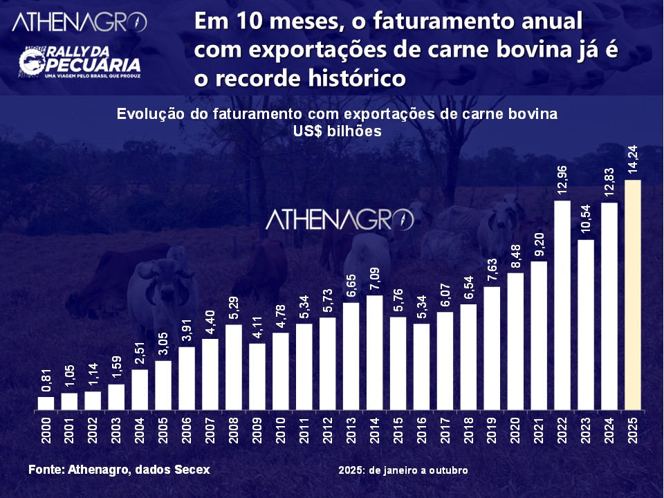 O faturamento com as exportações de carne bovina até outubro já somou US$14,2 bilhões, a maior marca anual da história. E ainda faltam os resultados de novembro e dezembro. Em 10 meses, o faturamento já superou em 9,9% o recorde anual anterior, registrado em 2022