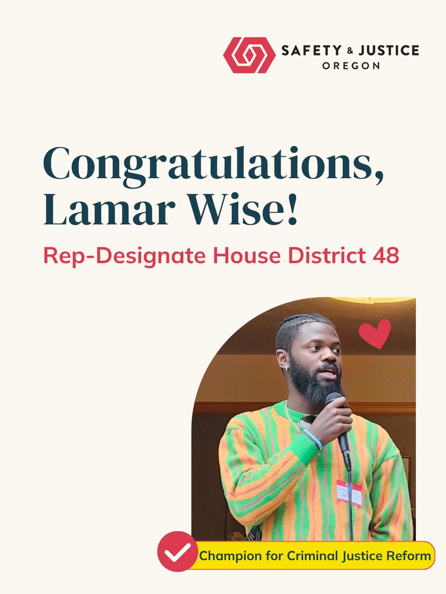 SafeJustOR's tweet image. We're proud to celebrate Board Chair, Lamar Wise, on his appointment as State Representative HD 48. Lamar has been a tireless advocate and champion for public safety and criminal justice reform and can't wait to see him uplift public safety infrastructures across OR.
