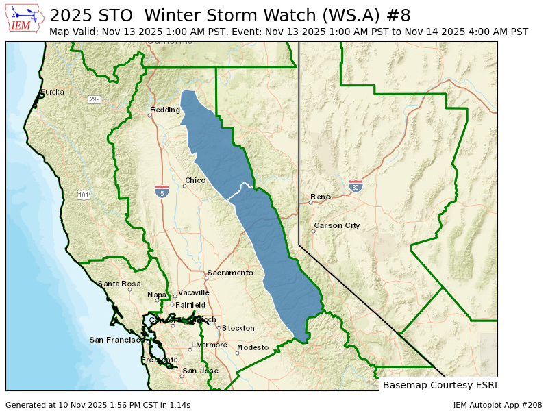 STO issues Winter Storm Watch valid at Nov 13, 1:00 AM PST for West Slope Northern Sierra Nevada, Western Plumas County/Lassen Park [CA] till Nov 14, 4:00 AM PST mesonet.agron.iastate.edu/vtec/f/2025-O-…