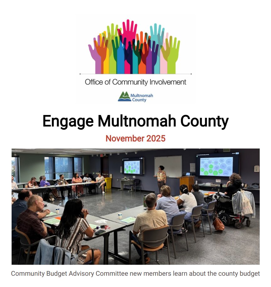 MultCoOCI's tweet image. Did you know that the OCI has a monthly newsletter with engagement opportunities at Multnomah County? Check out our November issue, with many advisory groups and other @multco volunteer opportunities, and sign up for the mailing list at multco.us/info/engage-mu…