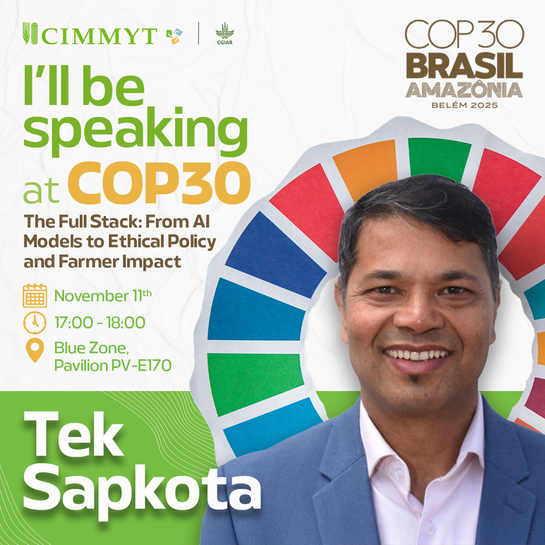 🌍#COP30 is under way in Belém, Brazil!
Tomorrow join us for The Full Stack From AI Models to Ethical Policy and Farmer Impact 💻🌱

Tek Sapkota and the panel show how #AI, policy tools and farmer advisory hubs work together for climate action: on.cgiar.org/4hKTGsE