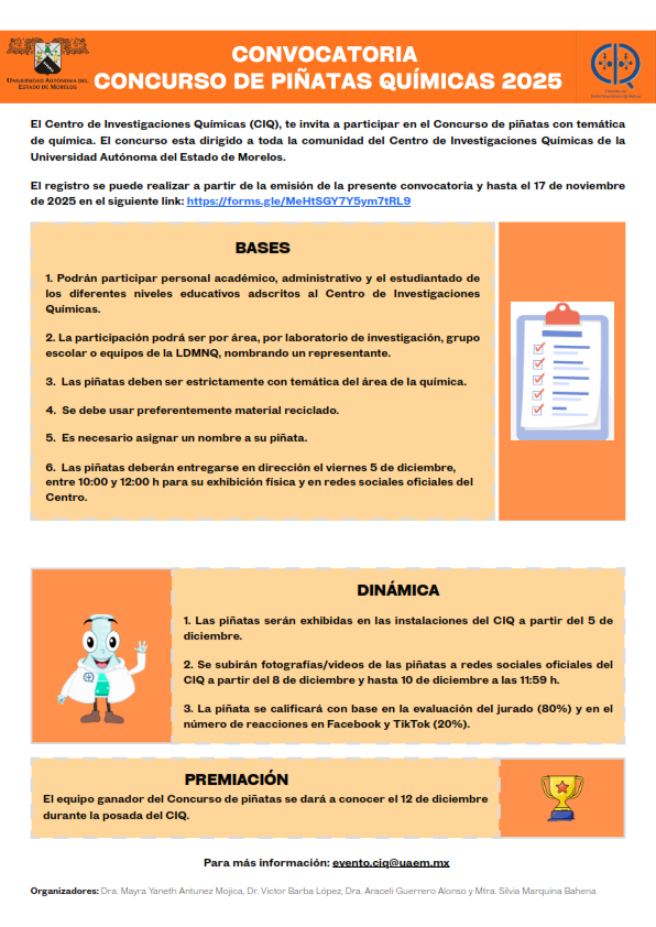 CIQUAEM's tweet image. El Centro de Investigaciones Químicas te invita a participar en el concurso de #piñatas ##químicas 2025
Límite de registro: 17 de noviembre en: forms.gle/MeHtSGY7Y5ym7t…
Entrega piñatas: 5 de diciembre
Premiación: 12 de diciembre en la posada del CIQ.