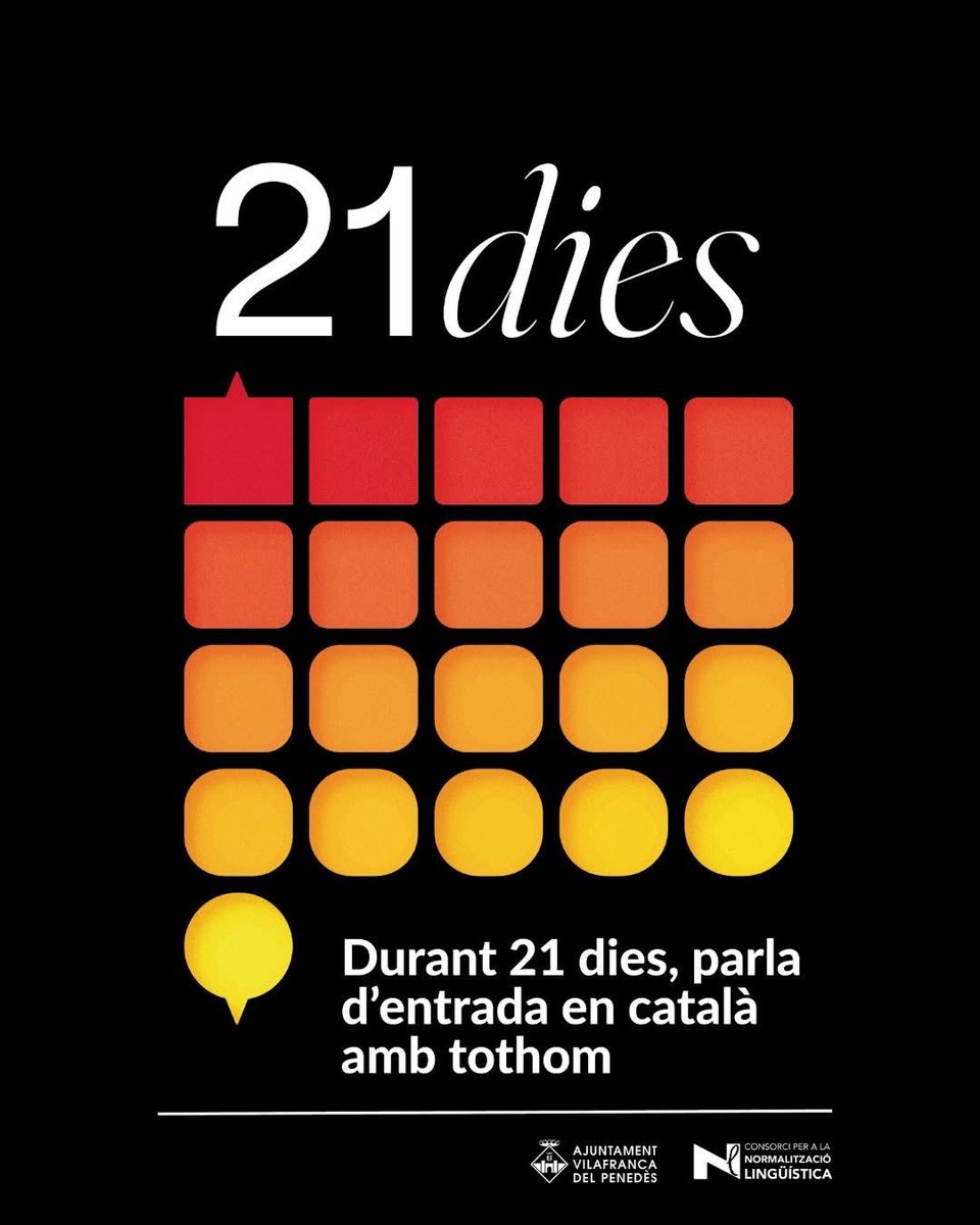 🗣️ A Catalunya, el 93% de la població entén el català i un 80% el parla. Tot i així, 8 de cada 10 catalanoparlants canvien de llengua innecessàriament.

💬 El repte 21 dies proposa utilitzar el català d'entrada en les teves converses.

🔗 vlf.cat/21dies1125
#vilafranca