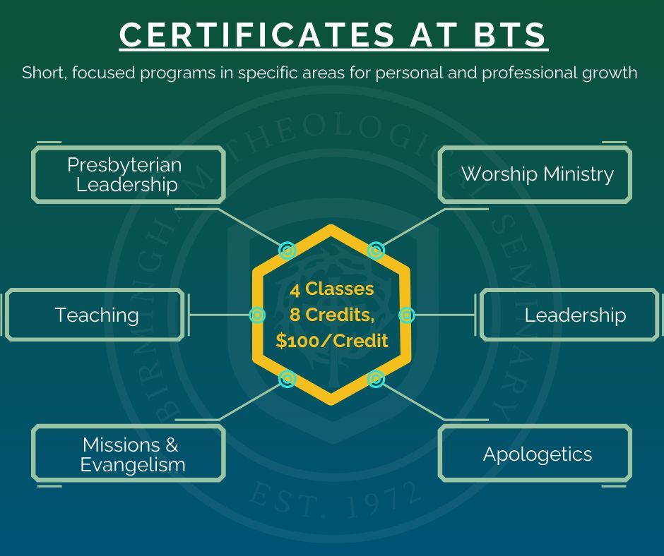 Our certificates are short, focused programs for personal and professional growth. They are also an excellent way to see if a seminary education is right for you. Learn more here: bts.education/degree-tiers/c…