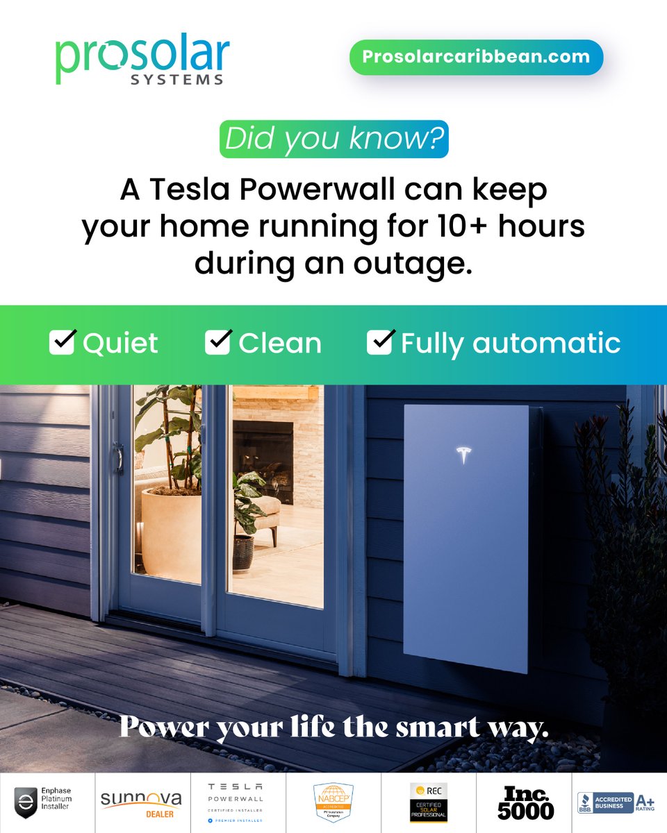 ProSolarAmerica's tweet image. Let us help you ditch the blackout stress, because you deserve peace of mind.
📞 340.201.4752
🌐 prosolarcaribbean.com

#DidYouKnow #TeslaPowerwall #IslandEnergy #ProSolarCaribbean #SolarFacts #EnergyStorage #USVI #SolarPower