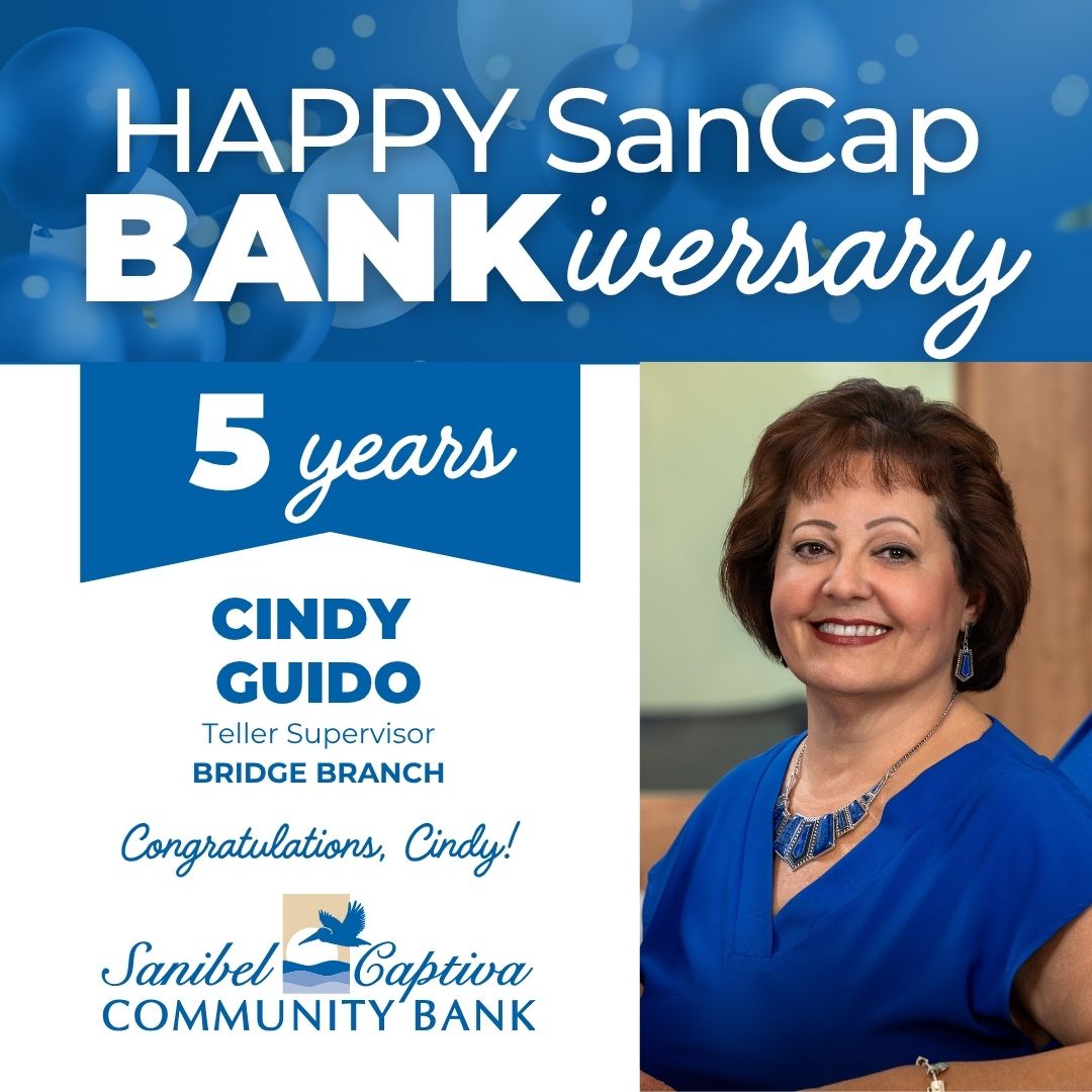 Join us in celebrating our amazing Bridge Branch Teller Supervisor, Cindy Guido on her 5th SanCap Bank-i-versary! Cindy's dedication, kindness, leadership and beautiful smile light up our team every day. Here's to many more years of success together CIndy! ow.ly/Hgqx50Xonta