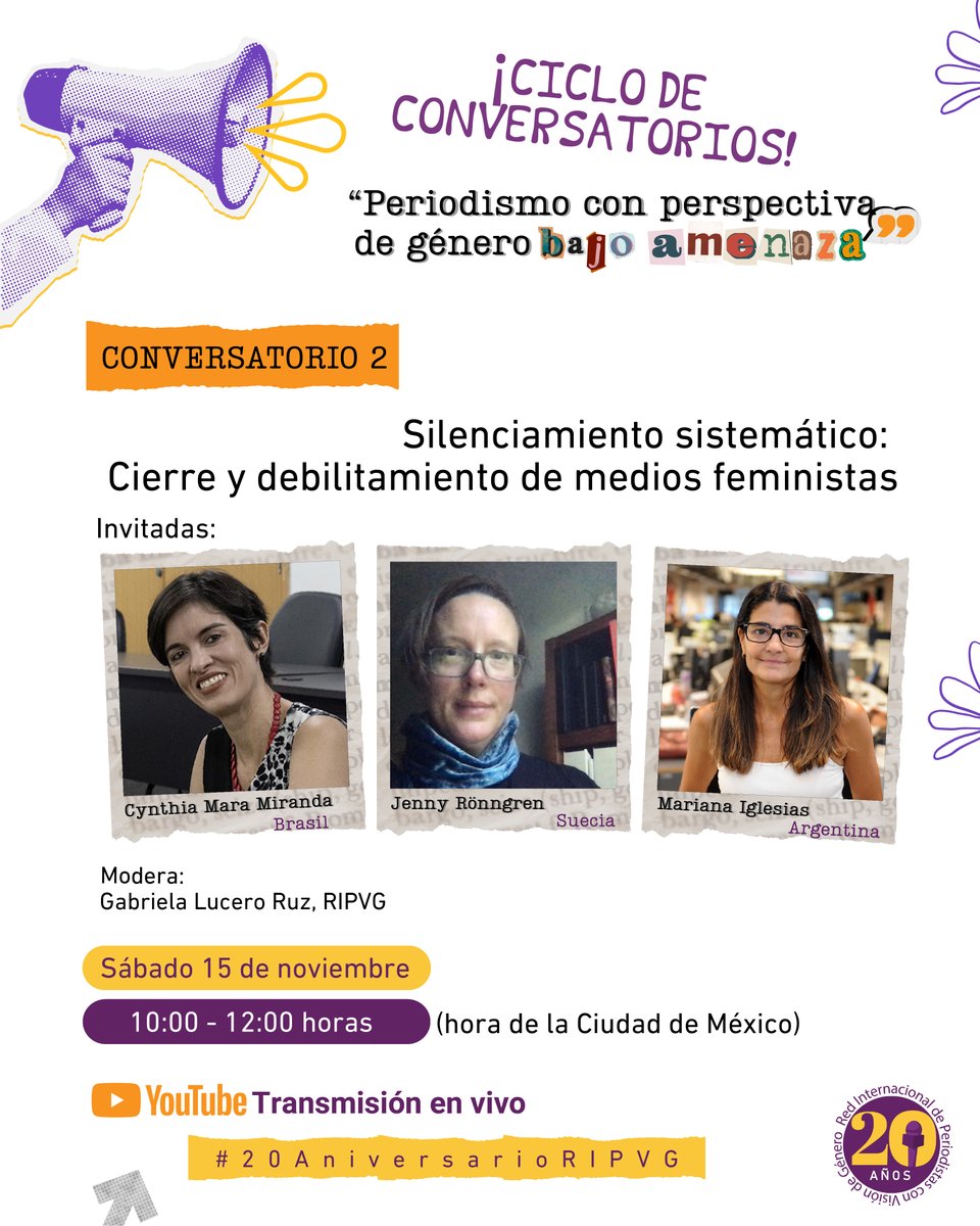 #20AniversarioRIPVG #MujeresPeriodistas
📣 Reflexionemos juntas sobre el cierre y debilitamiento de medios feministas. Cuando un medio feminista cierra, se apaga una redacción y una mirada crítica sobre el mundo.
📅 15 nov
🕙 10:00 hrs (hora CDMX)
#EnVivo por YouTube #RIPVG