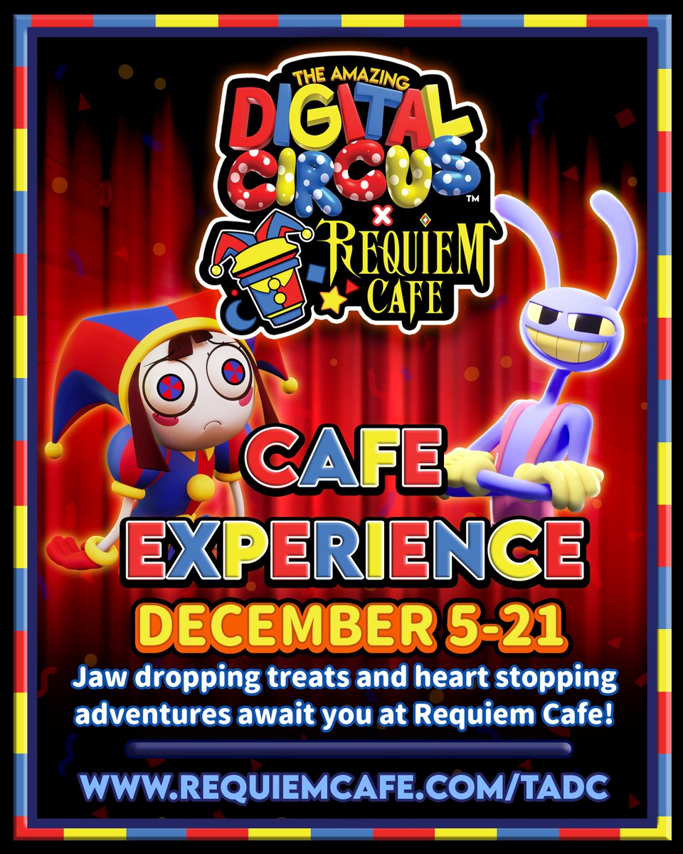 SO excited to announce that our first ever U.S. Digital Circus themed cafe will be running this December in LA in collaboration with Requiem Cafe! You'll find TADC-themed food, drinks, and a bunch of fun activities! More info in the link below!