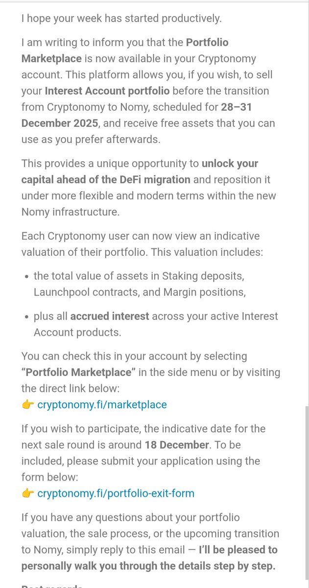 CryptonomyScam's tweet image. A lot of #CryptoNOMY victims got this email. Why can&apos;t you just give us our stolen crypto, @NomyFinance? Who is buying our portfolio? It&apos;s just more bullshit to delay and silence us. Those who are expecting to get their crypto from this program are deluded. Let&apos;s hope I&apos;m wrong.