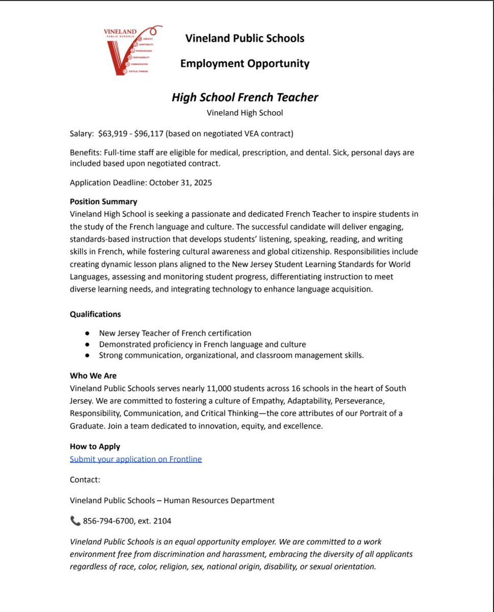 Vineland High School is looking for a French teacher.    applitrack.com/vineland/onlin…

<a href="/aatf_nj/">AATF NJ</a> <a href="/AATFrench/">AATF</a> <a href="/FLENJ/">FLENJ</a> <a href="/NECTFL/">NECTFL</a> <a href="/AATFPhila/">AATF Philadelphia</a>