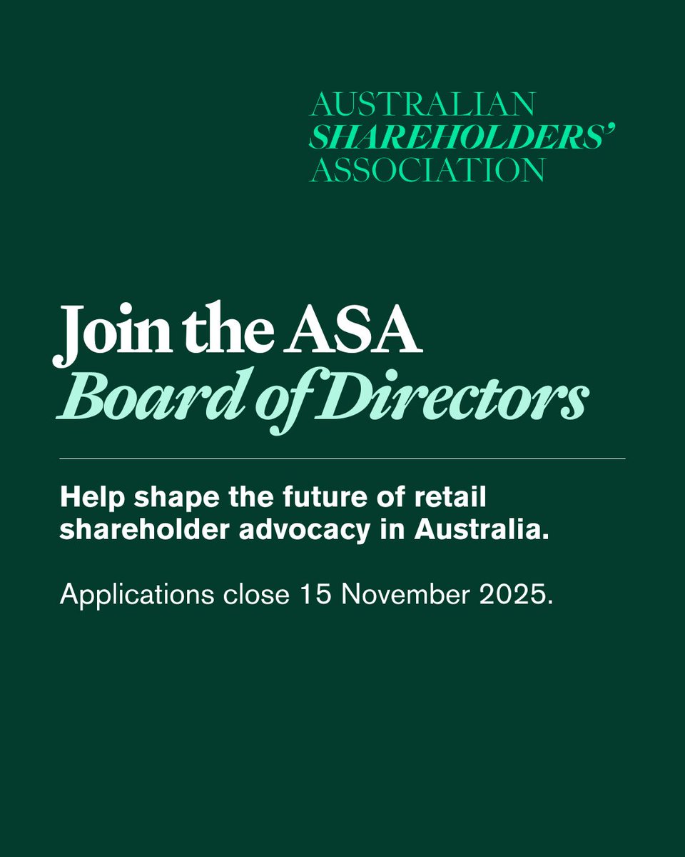 ASA is seeking nominations for volunteer Board roles.

We’re looking for experienced professionals with skills in areas such as strategy, HR, marketing, communications, or governance.

📅 Applications close 15 November 2025

📩 Learn more and apply: australianshareholders.com.au/about-us/gover…