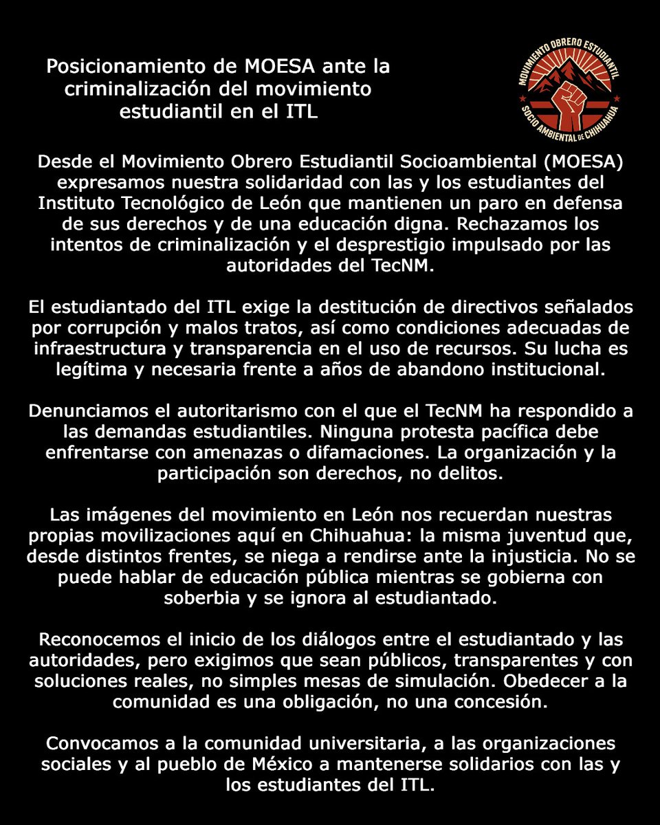 MovimientoMOESA's tweet photo. Posicionamiento de MOESA ante la criminalización del movimiento estudiantil en el Instituto Tecnológico de León https://t.co/sRZcmDzZ8q