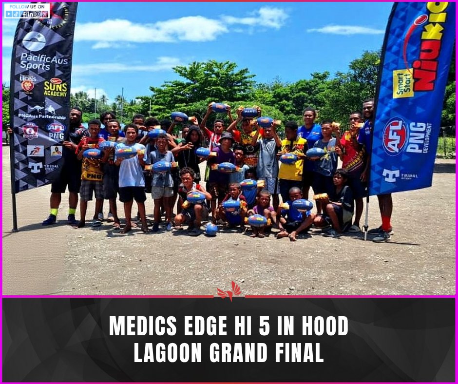 tvwanonline's tweet image. #Sports The Hood Lagoon AFL Grand Final on Saturday, November 8, 2025, at the Keapara Shell Park Oval showcased an exhilarating clash between the Medics and HI 5.

Read more: tvwan.com.pg/news/6800

#HoodLagoonAFL #AFLGrandFinal #PapuaNewGuinea #TVWANNews
